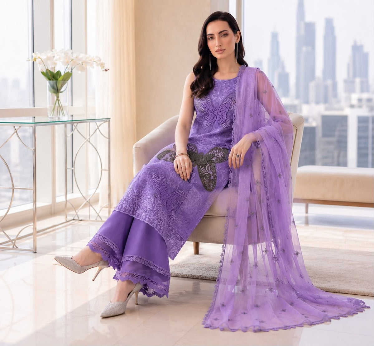 MRB - 3PC Lawn Chikankaari Embroidered Unstitched (Purple)
