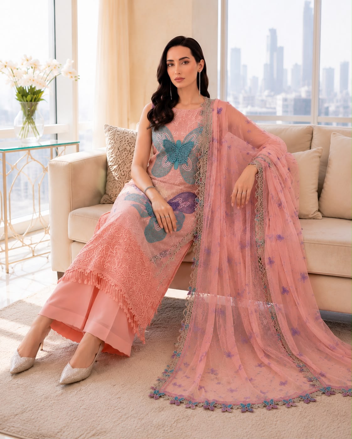 MRB - 3PC Lawn Chikankaari Embroidered Unstitched (Pink)