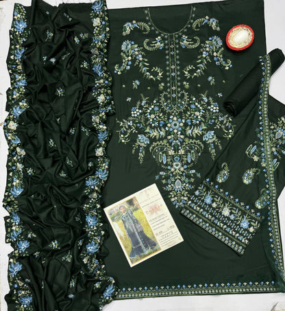 HNR - 3PC DHANAK EMBROIDERED UNSTITCHED(Teal Green)