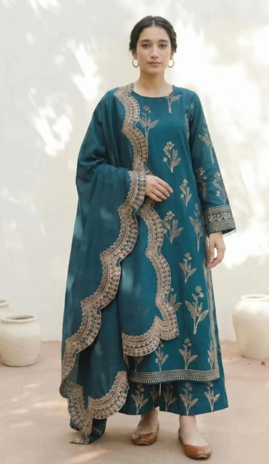MHR - 3PC DHANAK EMBROIDERED UNSTITCHED (Teal)