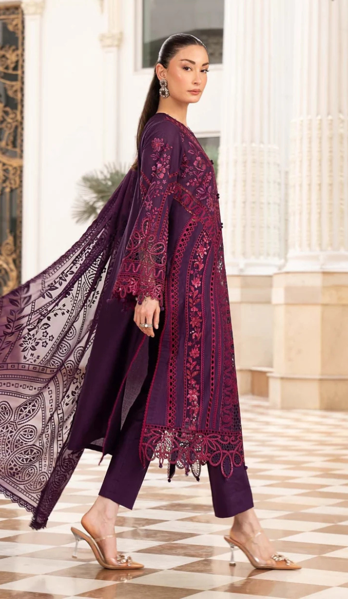MRB - 3PC DHANAK CHIKANKARI EMBROIDED  UNSTICHED