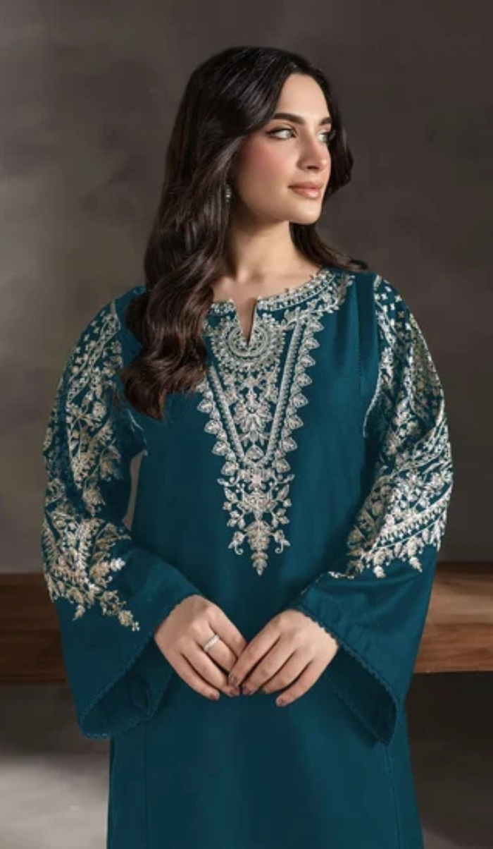 BTK - 2PC DHANAK EMBROIDERED UNSTITCHED(Teal Blue)