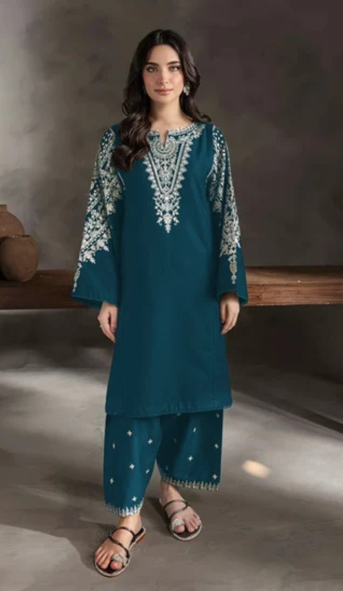 BTK - 2PC DHANAK EMBROIDERED UNSTITCHED(Teal Blue)