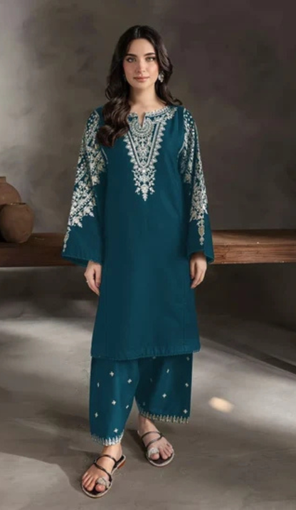 BTK - 2PC DHANAK EMBROIDERED UNSTITCHED(Teal Blue)