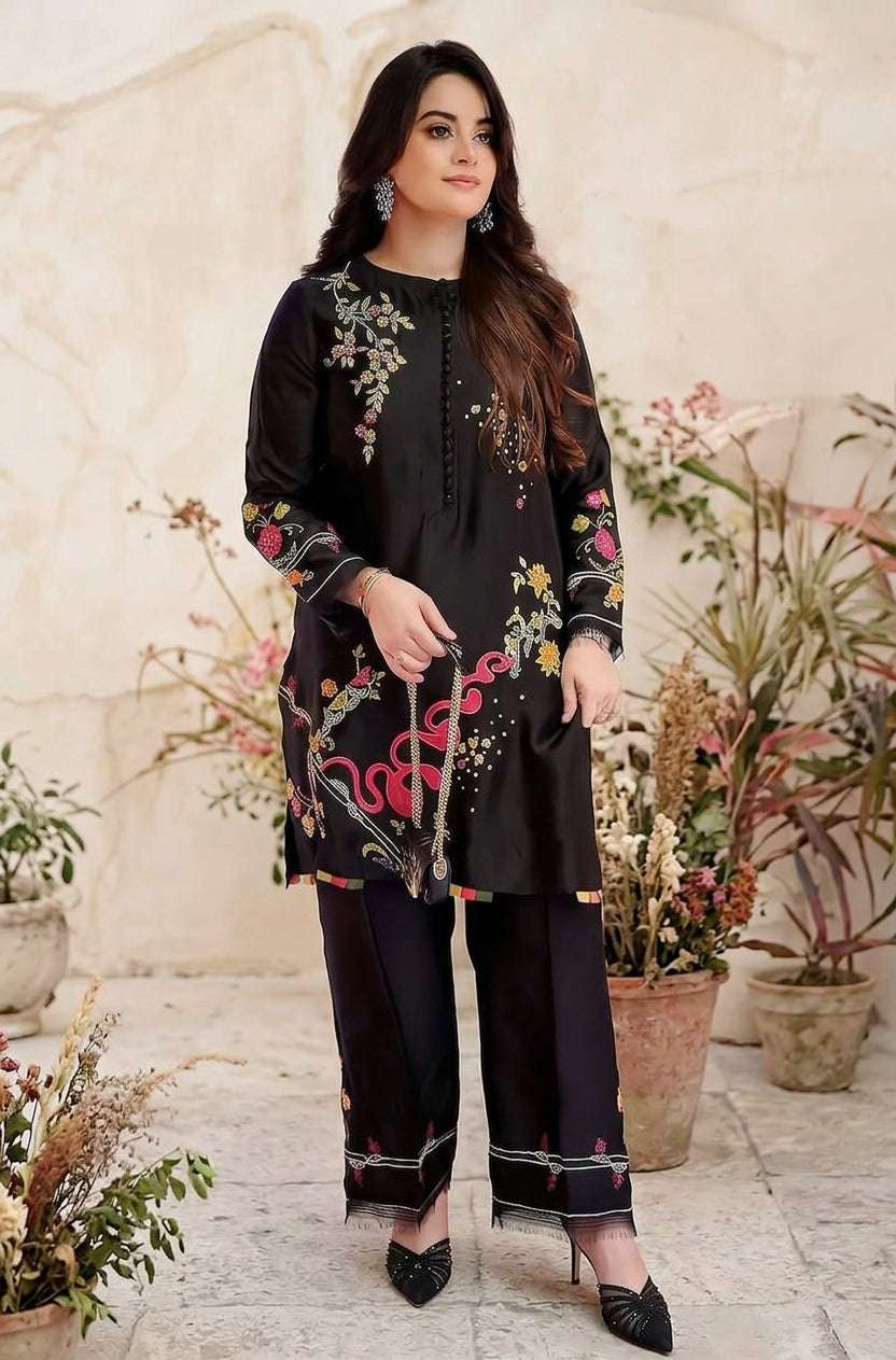 BTK - 2 PC DHANAK EMBROIDERED UNSTITCHED (Black)