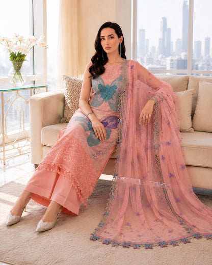 MRB - 3PC Lawn Chikankaari Embroidered  Unstitched (Pink)