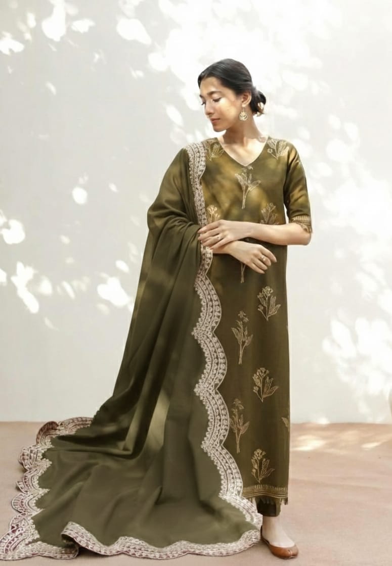 MHR - 3PC DHANAK EMBROIDERED UNSTITCHED (OLIVE)