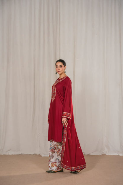 ANL - 3PC DHANAK EMBROIDERED UNSTITCHED (Maroon)