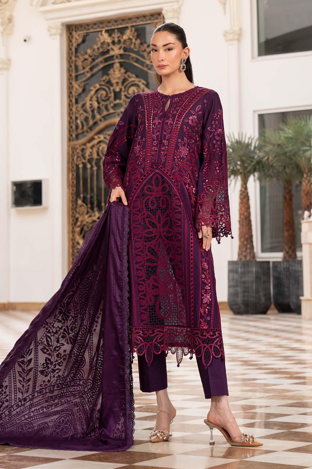 MRB - 3PC DHANAK CHIKANKARI EMBROIDED  UNSTICHED