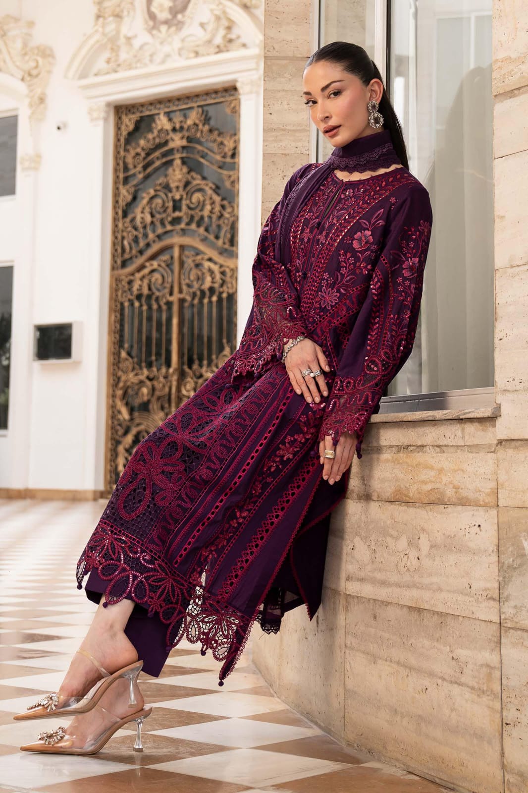 MRB - 3PC DHANAK CHIKANKARI EMBROIDED  UNSTICHED
