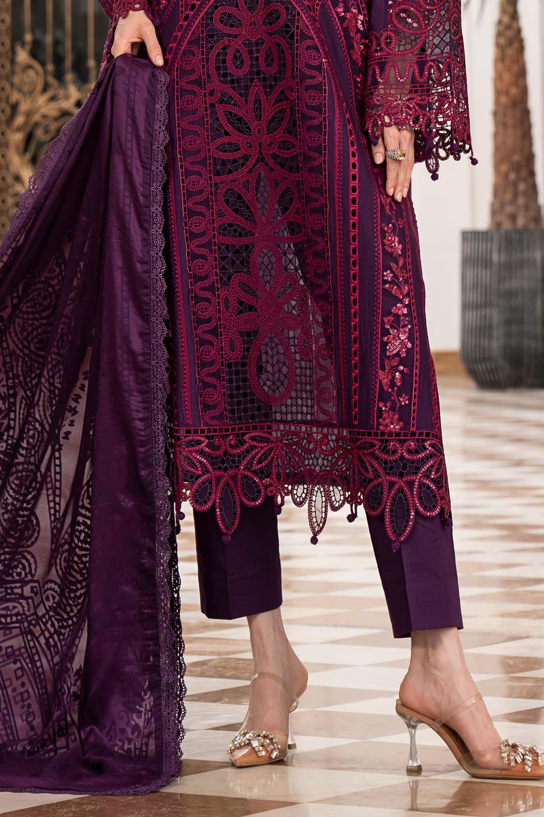 MRB - 3PC DHANAK CHIKANKARI EMBROIDED  UNSTICHED
