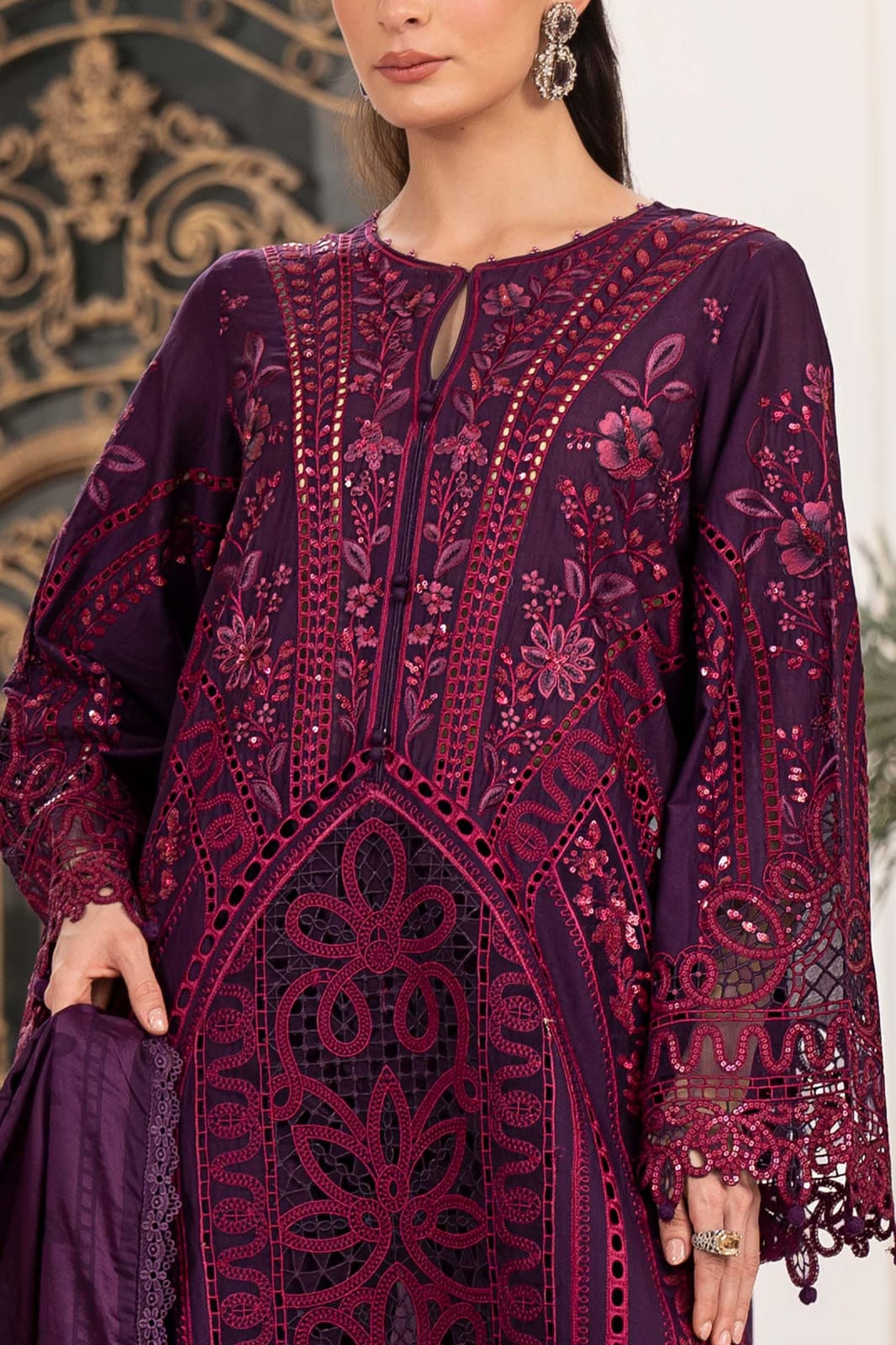 MRB - 3PC DHANAK CHIKANKARI EMBROIDED  UNSTICHED
