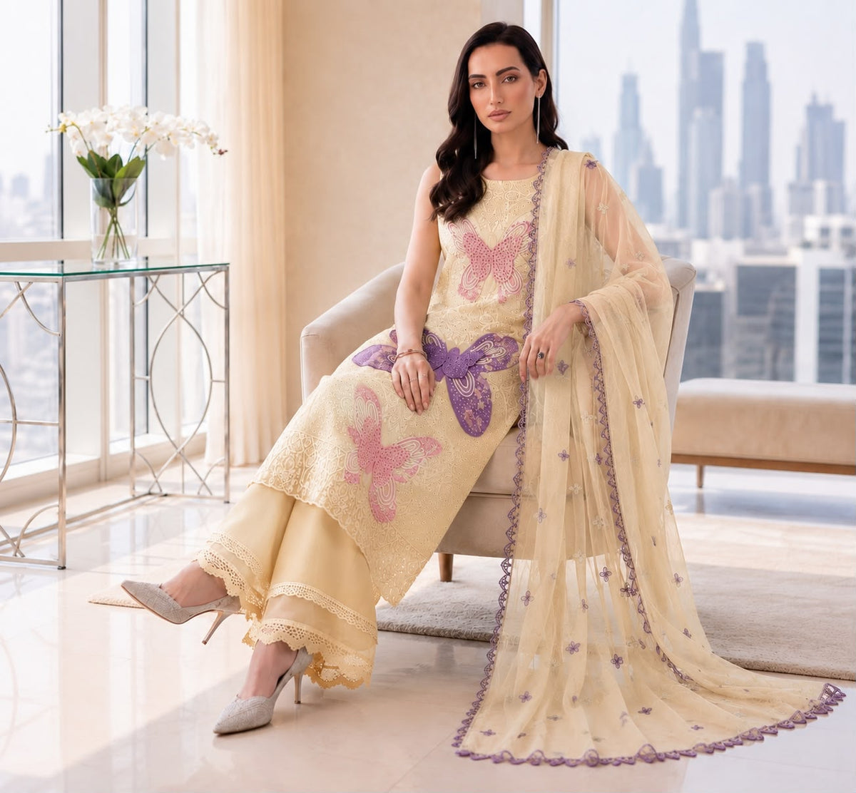 MRB - 3PC Lawn Chikankaari Embroidered  Unstitched (Beige)