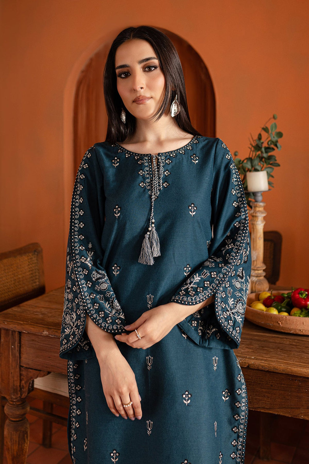 BTK - 2PC DHANAK EMBROIDERED UNSTITCHED(Dark Teal Blue)