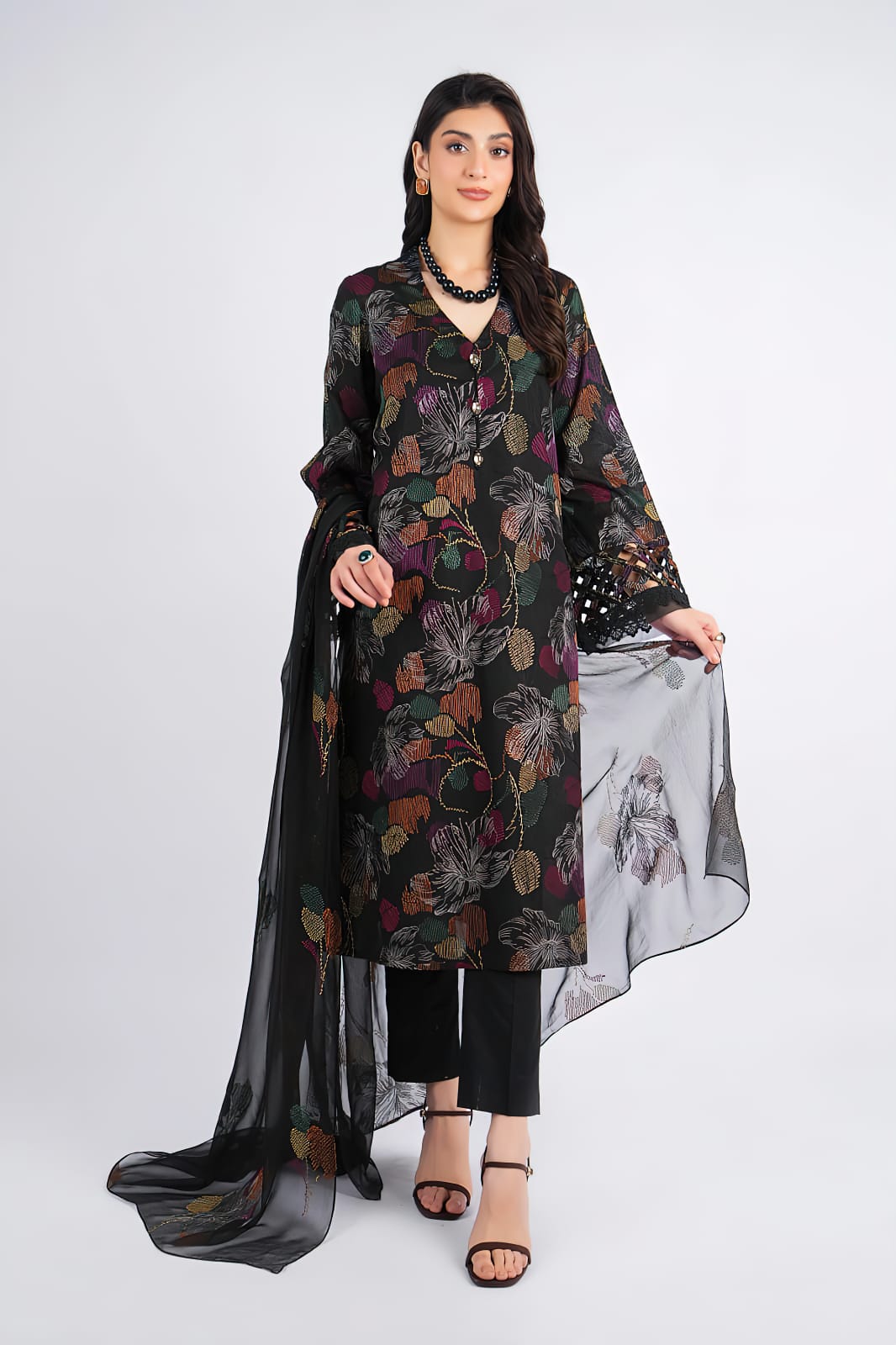 BRZ - 3PC DHANAK EMBROIDERED UNSTITCHED (Black)